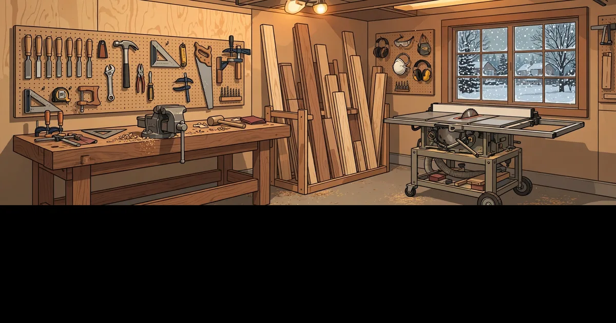 Illustration in workshop-manual style of a one-car garage woodworking shop: a sturdy workbench with a vise, a pegboard of hand tools, ear and eye protection hanging by a window with snow falling outside, a lumber rack, and a saw on a rolling stand